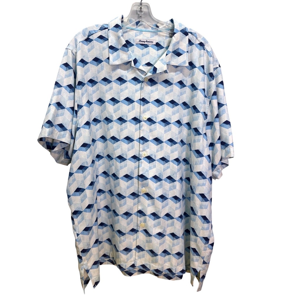 Tommy Bahama Silk Blend Blue Geometric Cube Print Camp Shirt Mens XL Coolmax